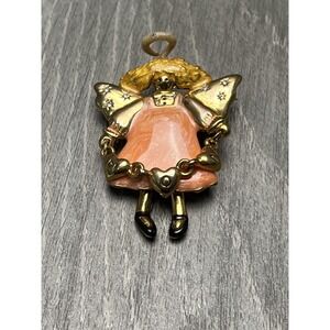 Vintage TC Gold Tone Enamel Angel Brooch Pin Pendant Charm Rhinestones Dangle